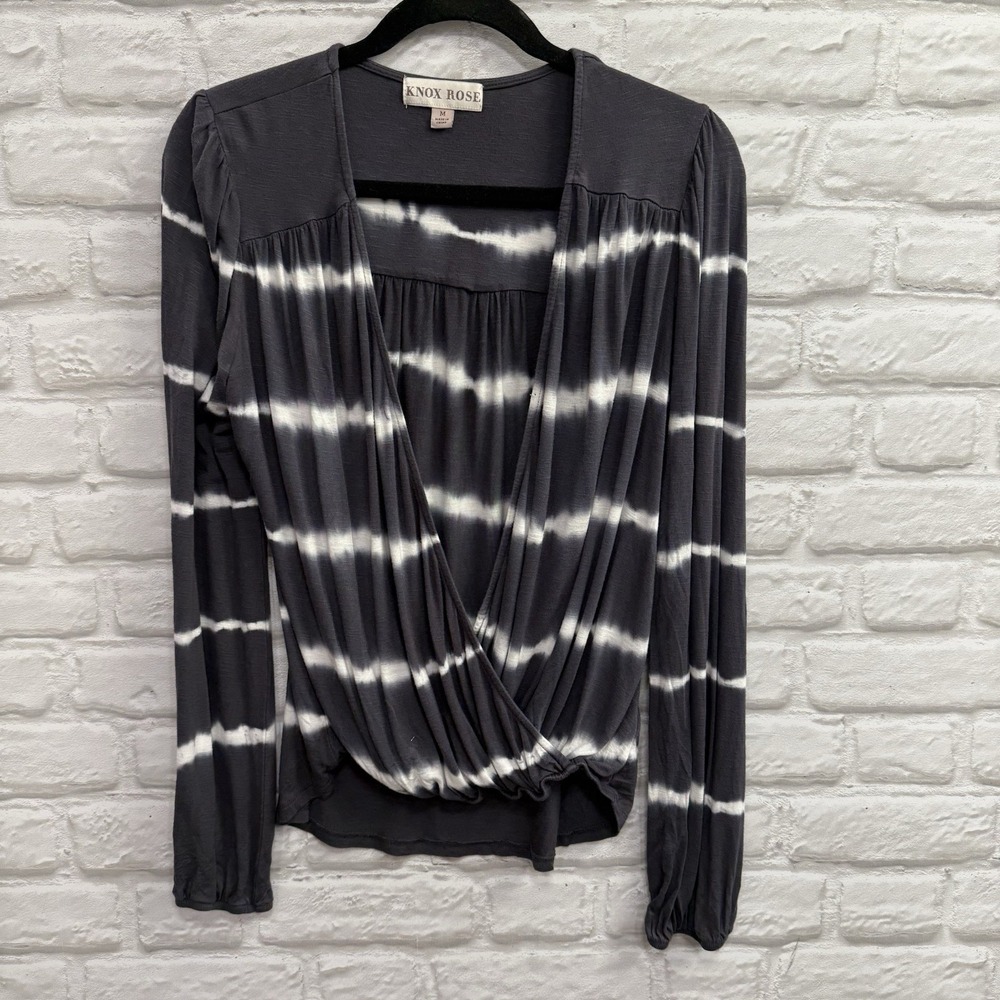 KNOX ROSE Woman's Gray & White Boho Tie Dye Flowy Peasants Blouse Size Medium